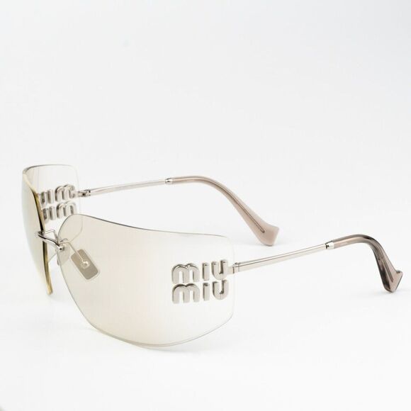 NEW Miu Miu MU54YS 1BC10F Silver Mirror Wraparound Rimless Women Sunglasses